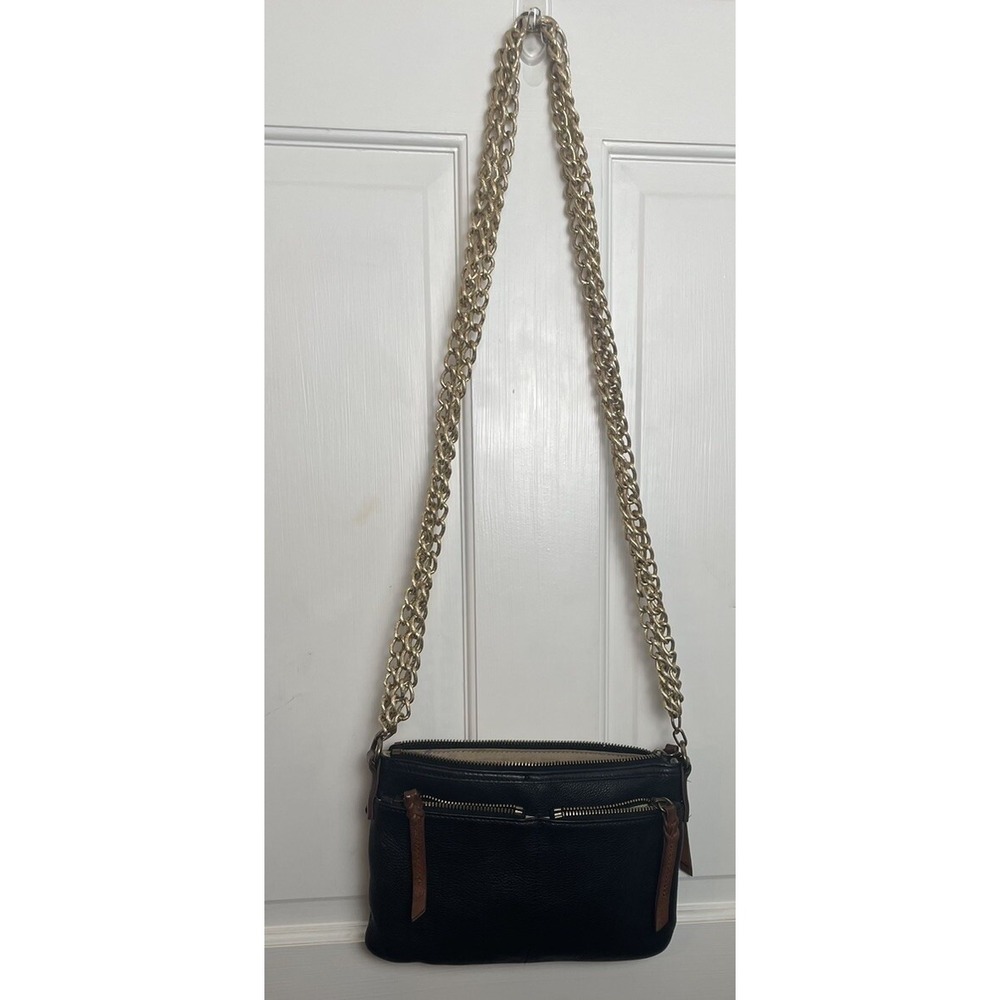 Margot Black Genuine Leather Crossbody Handbag Double Gold Chain Strap‎